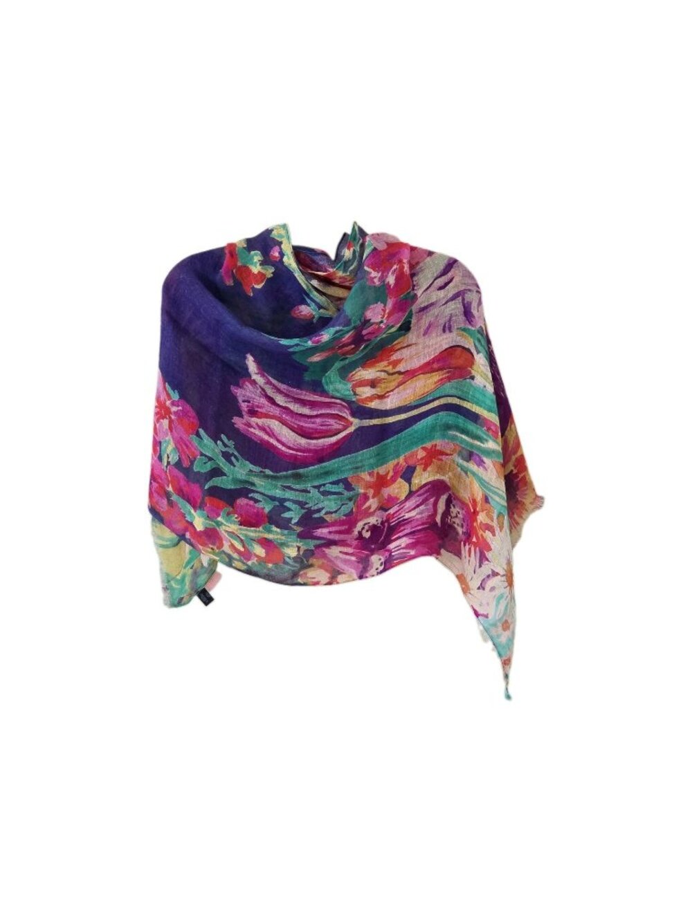Powder UK 100% Linen Floral Scarf Wrap Purple Pink Watercolor Botanical Fringe